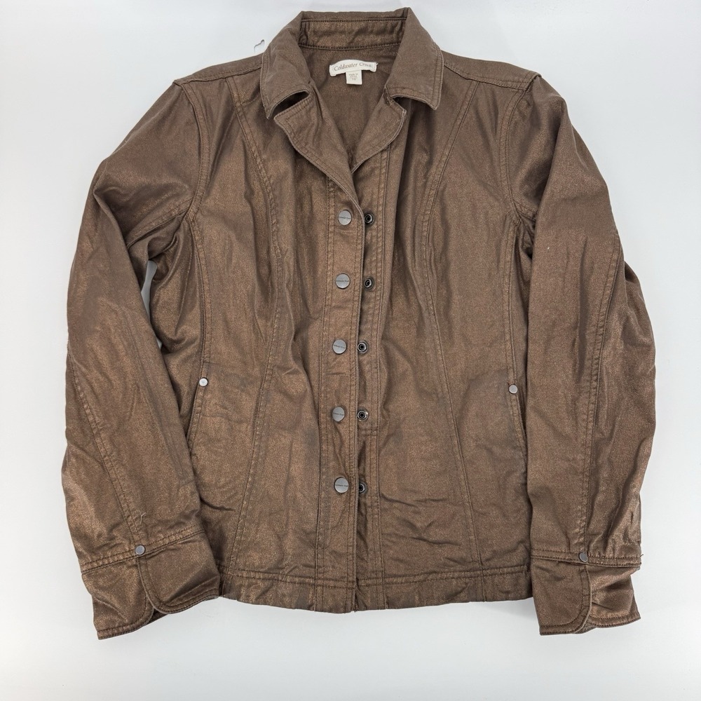 Coldwater Creek Jacket Womens 10 Brown‎ Notch Collar Metallic Snap Front Western